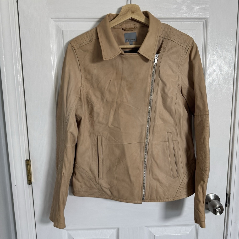 Athleta Women's Leather Moto Jacket Size L Tan Brown Genuine Leather Biker